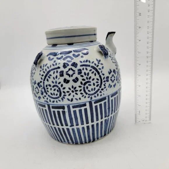 Vintage Chinese Blue & White Ceramic Water Jug Wine Pot w Spout - Picture 7 of 7